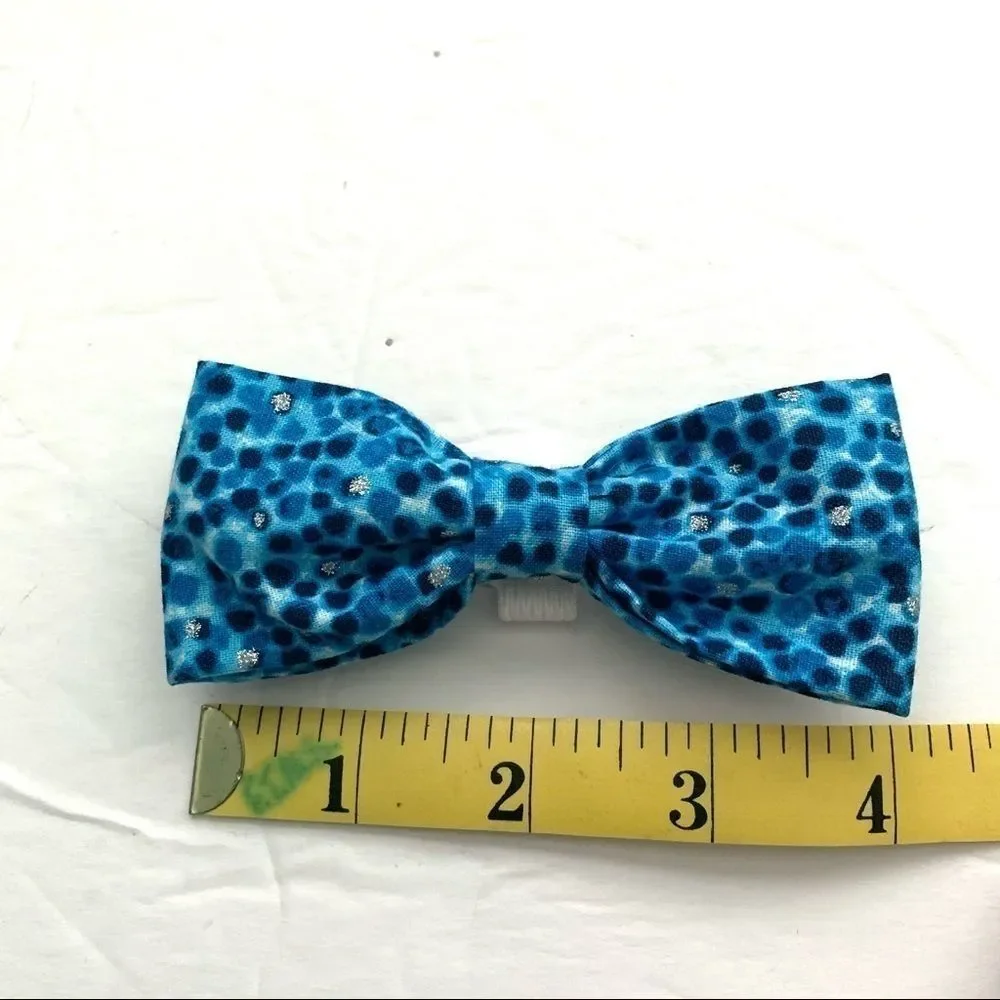 New Handmade 1 Dog Bow for Collar Blue & Silver Polka Dot 4 x 2 inches